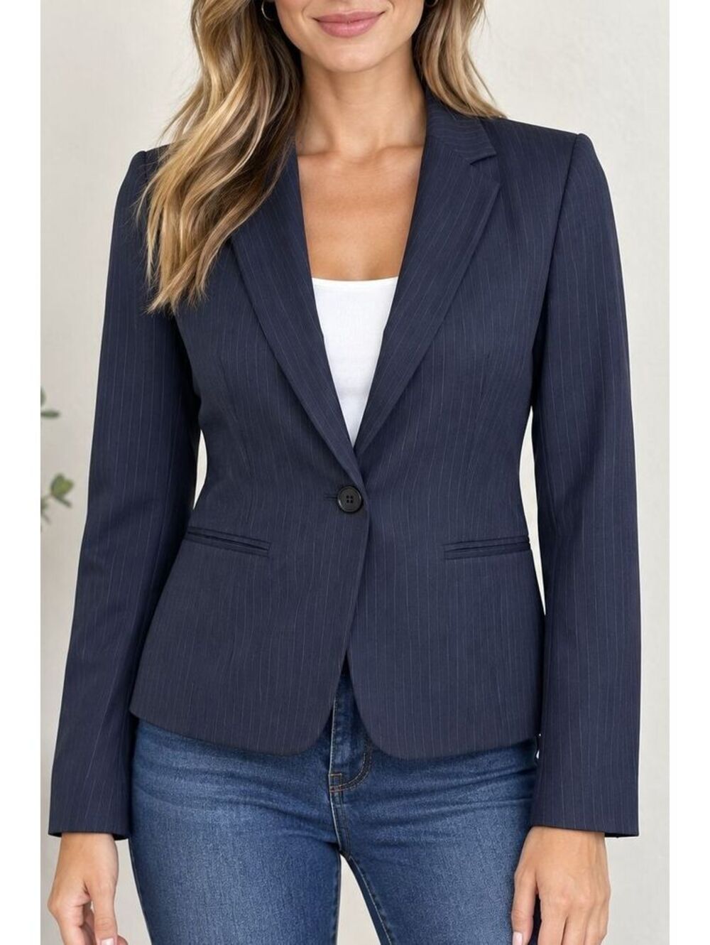 Ann Taylor Women's 4 Navy Pinstripe Blazer 1 Button Tailored Workwear Preppy